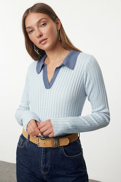 Trendyol Collection Pulover tricotat cu gât polo albastru - TWOAW25KZ00040
