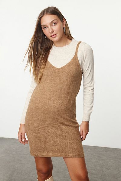 Trendyol Collection Πέτρινο Μίνι Πλεκτό Σετ Πουλόβερ-Φόρεμα με μαλακή υφή TWOAW25EL00095