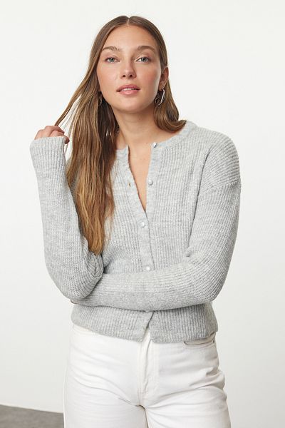 Trendyol Collection Crew Neck Gray Knitwear Cardigan - TWOAW25HI00091