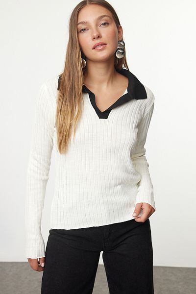 Trendyol Collection Polo Collar Ecru Knitwear Sweater - Color Block, Twoaw25Kz00040