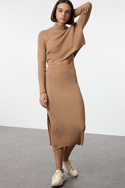 Trendyol Collection Camel Crop kötöttáru szett - szoknyával, Twoaw23au00170