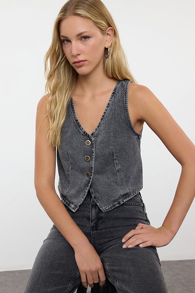 Trendyol Collection Anthracite V-Neck Fitted Denim Vest Twoss23Ye00036