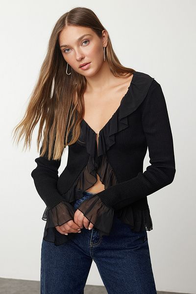 Trendyol Collection Czarny kardigan dzianinowy - tiulowy z detalami, Twoaw25hi00328