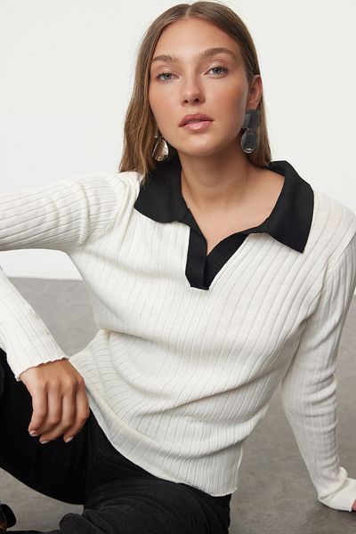 Trendyol Collection Polo Collar Ecru Knitwear Sweater - Color Block, Twoaw25Kz00040