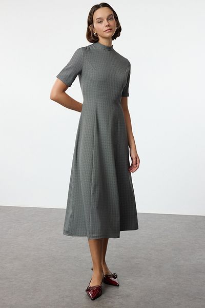 Trendyol Collection Gray Plaid Pattern - Waist Opening Midi Dress Twoaw25el00333