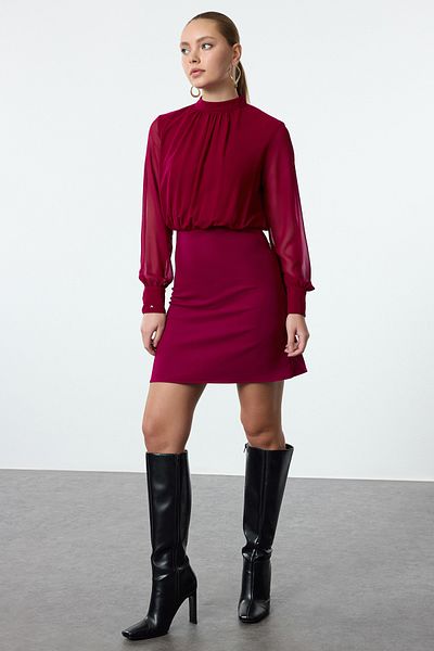 Trendyol Collection Rochie mini din șifon violet cu guler ridicat - linie A, căptușită, TWOAW24EL00296