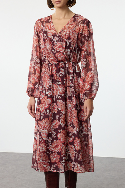 Trendyol Collection Burgundy Floral Double Breasted Neckline A-Line Midi Chiffon Lined Woven Dress Twoaw25El00431