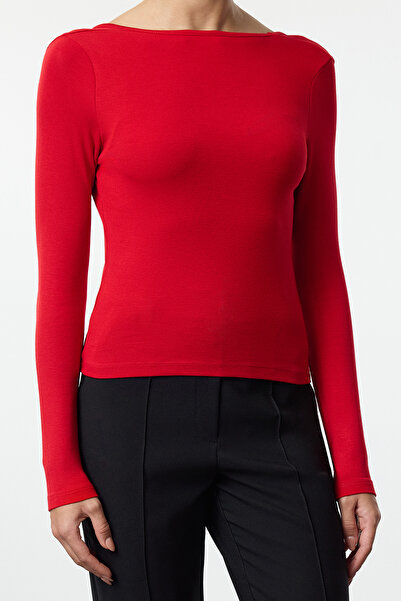 Trendyol Collection Rugalmas piros kötött blúz - puha anyag, nyitott hátú, testhezálló Twoaw24Bz00121