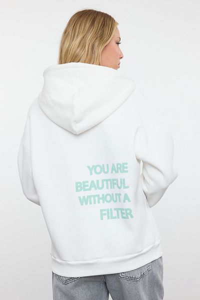 Trendyol Collection Fleecová Ecru oversize mikina - potištěná na zadní straně, silná vnitřní pletená Twoaw23sw00904