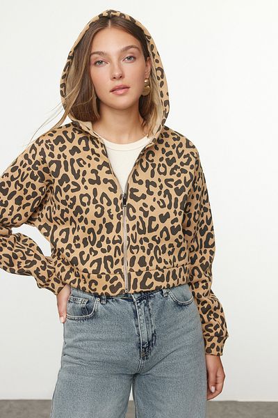Trendyol Collection Crop-Strick-Sweatshirt mit Leopardenmuster – Kapuze, TWOAW25SW00282