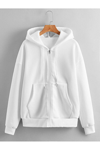 PENTHİLUS hanorac supradimensionat cu fermoar cu glugă, alb, fără imprimeu