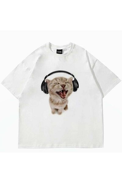Pink Sky Cat Listening to Music with Headphones Printed White Unisex Oversize T-Shirt