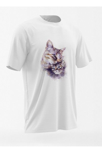 Pink Sky Tricou oversize unisex alb cu imprimeu pisică acuarelă