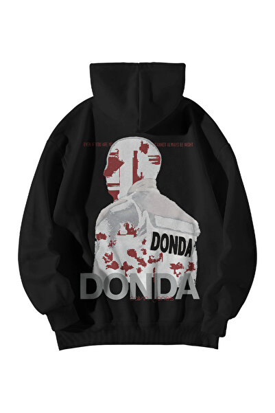 Stadium سترة كاني ويست دوندا بغطاء للرأس سوداء كبيرة الحجم مطبوعة - جيب الكنغر