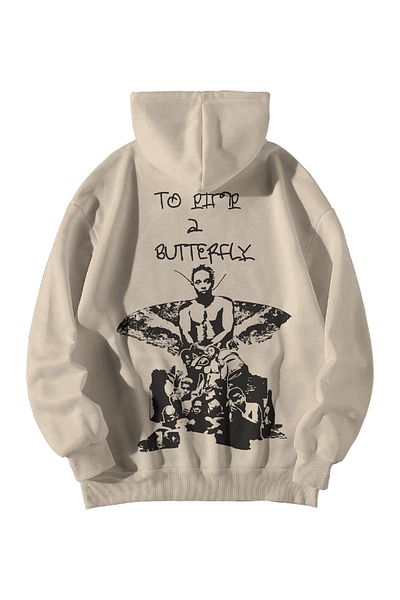 Scrovtie Kendrick Lamar To Pimp a Butterfly Printed Beige Oversize Hooded Kangaroo Pocket Γυναικεία κουκούλα