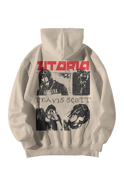 Scrovtie Γυναικεία Ανδρική κρέμα Travis Utopia με στάμπα με κουκούλα καγκουρό με κουκούλα