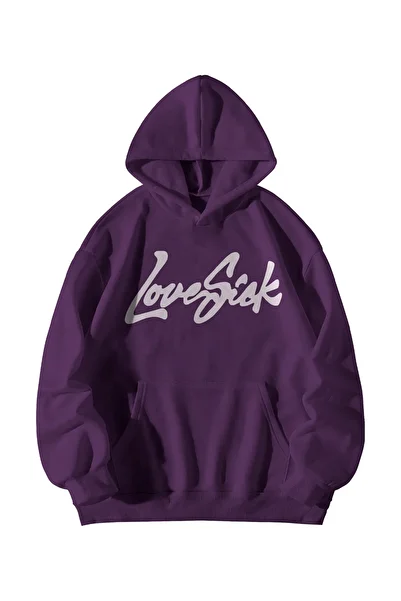 Calvin Jones Unisex Purple Lovesick Printed Oversize Hooded Kangaroo Pocket Hoodie
