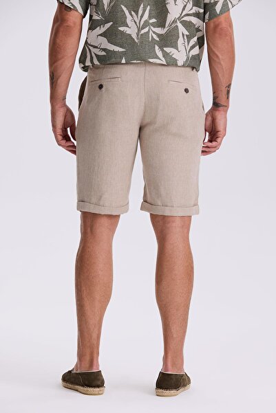 Jakamen Beige Comfort Fit Linen Textured Relaxed Cut Double Leg Shorts