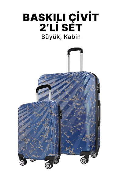 Wexta Wx-300 Baskılı Çivit Büyük&kabin 2'li Set Valiz