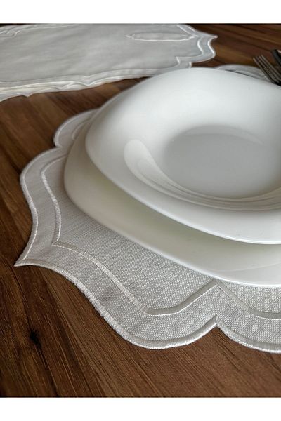 NURHAN HOME COLLECTION 6 Pieces Double Row Ecru Embroidered American Serving Plate with Spoon