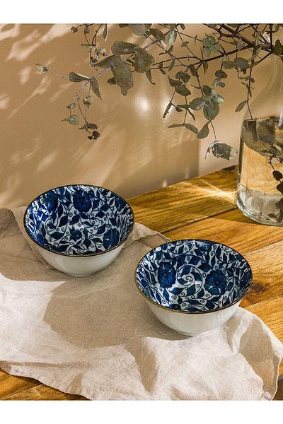 LC Waikiki Lcw Home 13 cm Dark Blue Ceramic Bowl Set - 2 Pieces Printed