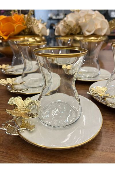 Paşabahçe طقم شاي باندورا بوسلين مع طبق وكوب وفراشة