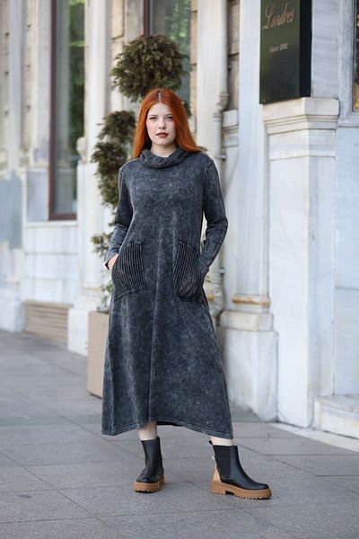 AYASOFYA OTANTIK Tricotaj negru din bumbac lejer - Rochie de damă cu guler șal și detalii de buzunar