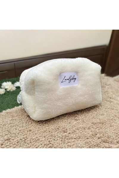LOVELYBAG Geantă de machiaj de pluș albă de dimensiuni mici