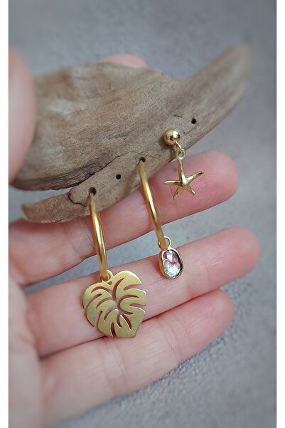 Kadın Karpuz Turmalin Taşlı Üçlü Gümüş Küpe Seti