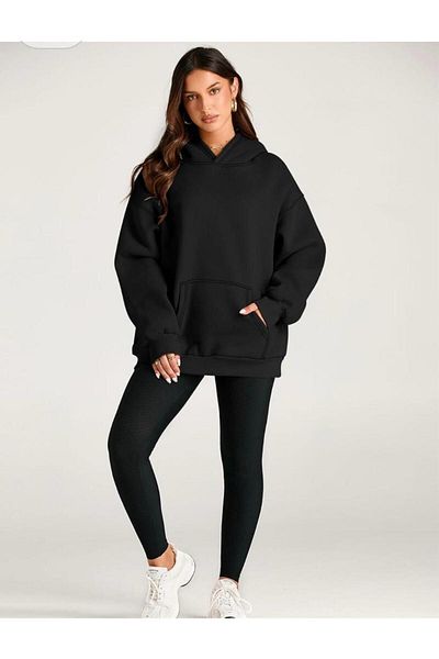 Mer's Unisex Black Oversize Hooded Sweatshirt - 3 Thread, Loose Loose Fit
