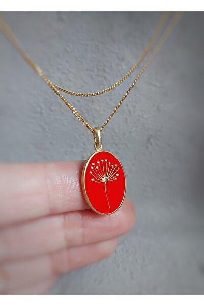 Kırmızı Mineli Dandelion Gümüş Kolye (ALTIN KAPLAMA)