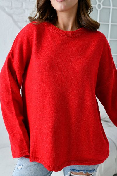 WOMAN VISION Red Oversize Knitwear Sweater - Off Shoulder, Wide Sleeve, Crew Neck 4091