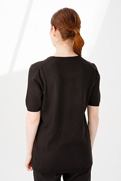 Desen Triko Women's Black Lycra Short Sleeve Crew Neck Plain Blouse