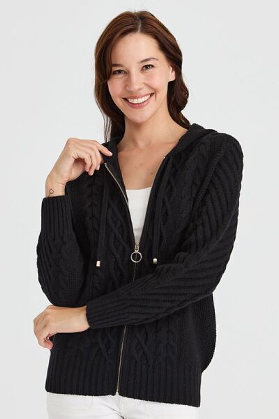 Desen Triko Kadın Kapüşonlu Saç Yürütme Örgülü Yün Hırka Siyah