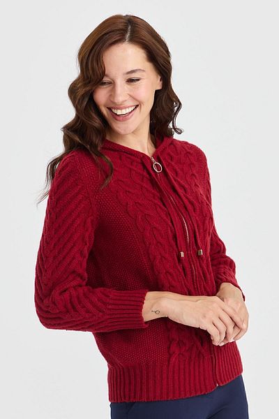 Desen Triko Women's Hooded Hair Walking Braided Wool Cardigan V.Red