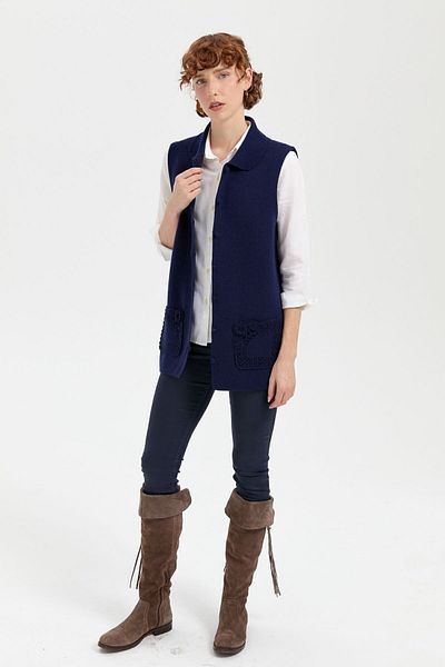 Desen Triko Navy Blue Women's Polo Collar Wool Vest - Buttoned, Short