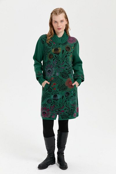 Desen Triko Cardigan lung de lână pentru femei, cu decolteu în picioare, cu imprimeu floral colorat