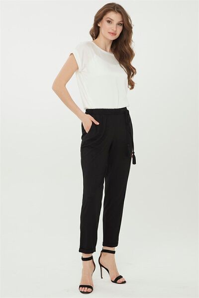 Desen Triko Carrot Leg Combed Cotton Black Women's Trousers 22722-2Y4