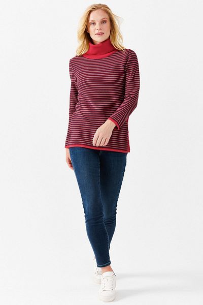 Desen Triko Women's Collar Collar Colorful Striped One Side Slit Buttoned Sweater Red