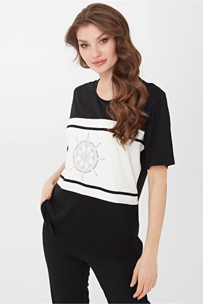 Desen Triko Women's Crew Neck Helmet Patterned Short Sleeve Blouse Black