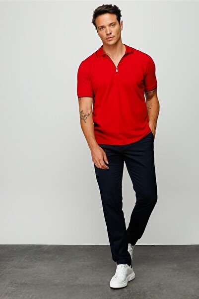 Desen Triko Ανδρικό μπλουζάκι Polo Neck με φερμουάρ κόκκινο