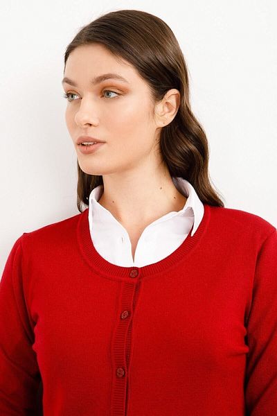 Desen Triko Women's Lycra Basic Long Sleeve Crew Neck Cardigan Dark Red