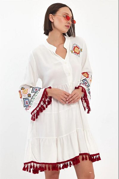 AYASOFYA OTANTIK Λευκό Ethnic Κεντημένο Γυναικείο Φόρεμα - Λεπτομέρεια Πομπόν