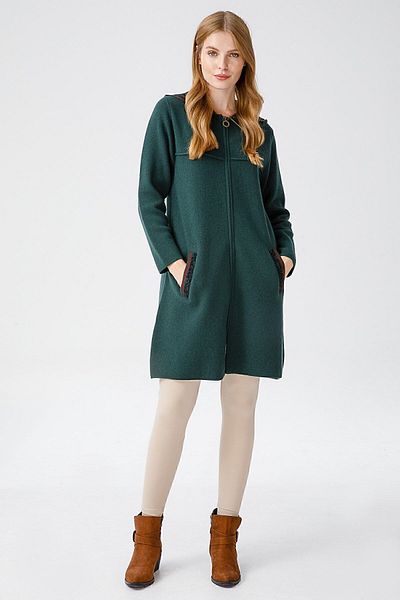 Desen Triko Cardigan de lână pentru femei cu glugă verde