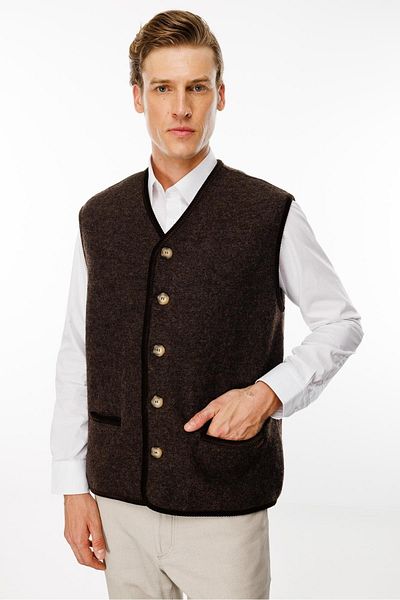 Desen Triko V-Neck Patterned Men's Wool Vest - Brown