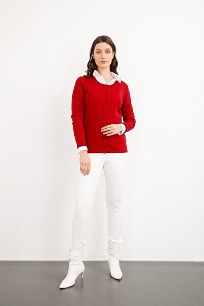 Desen Triko Women's Lycra Basic Long Sleeve Crew Neck Cardigan Dark Red