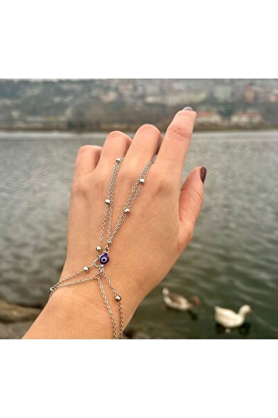 pop up store Gümüş Renk Nazar Boncuk Detay El Aksesuarı ve Top Zincir El Aksesuarı SET
