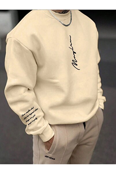 SeusCraft İmza Desen Kışlık Kışlık Sweatshirt - Bej Baskılı Oversize Şardonlu...