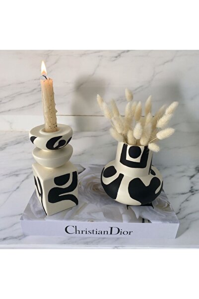 Luthien Σετ διακοσμητικό βάζο και κηροπήγιο με έθνικ σχέδιο