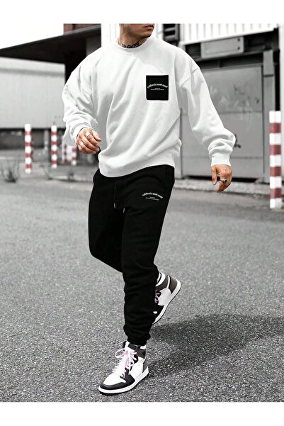 SeusCraft California Cep Sweatshirt  Jogger - Beyaz Siyah Baskılı Alt Üst Eşo...